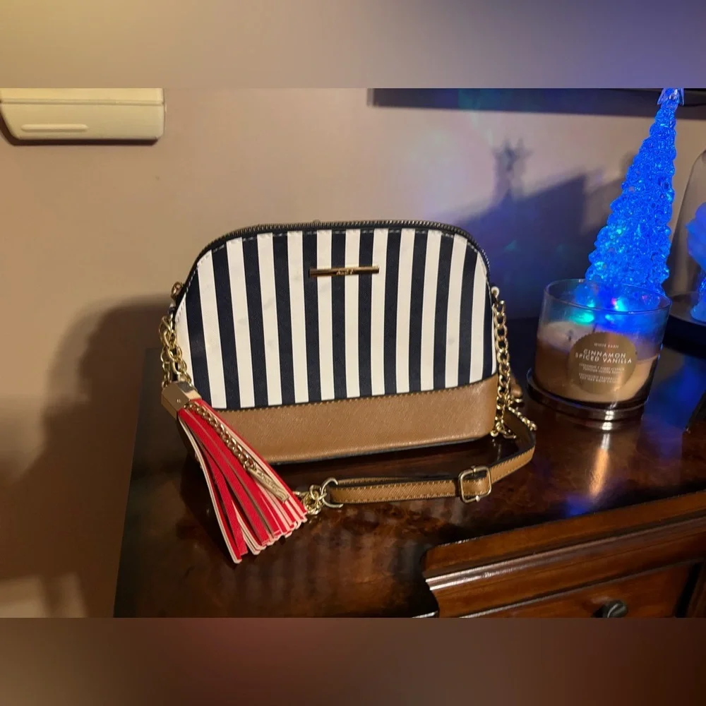 Aldo Navy and White Striped Crossbody Bag with Brown and Red Accents NWOT - Picture 2 of 13